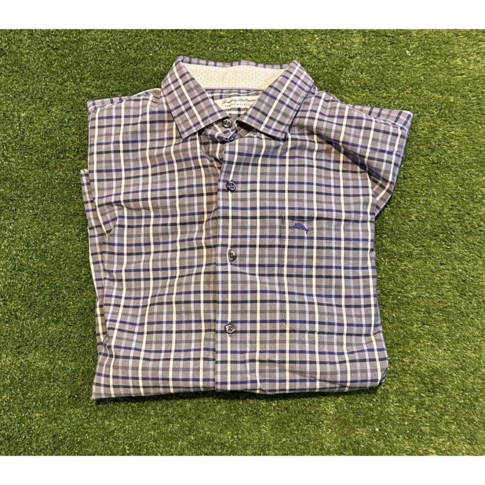 Tommy Bahama shirt mens large gray purple sarasota stretch long sleeve plaid P